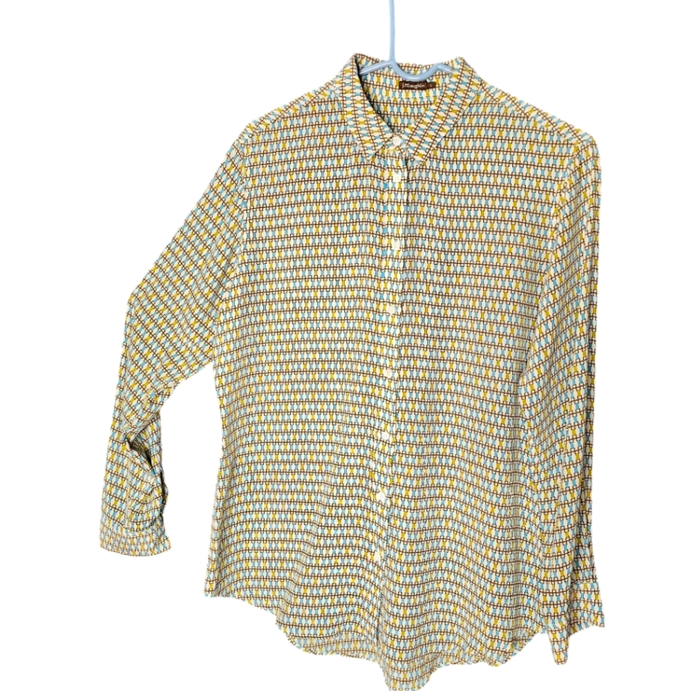 J. McLaughlin Bianca Silk Long Sleeve Button Up Geometric Blue Gold Shirt L